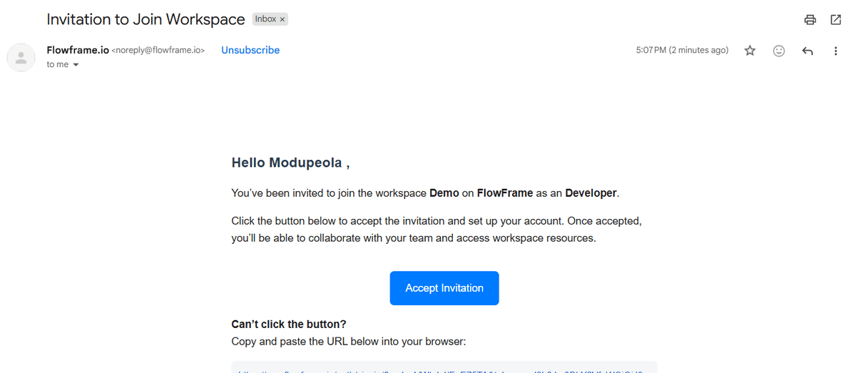 Inviting team members in FlowFrame workspace settings