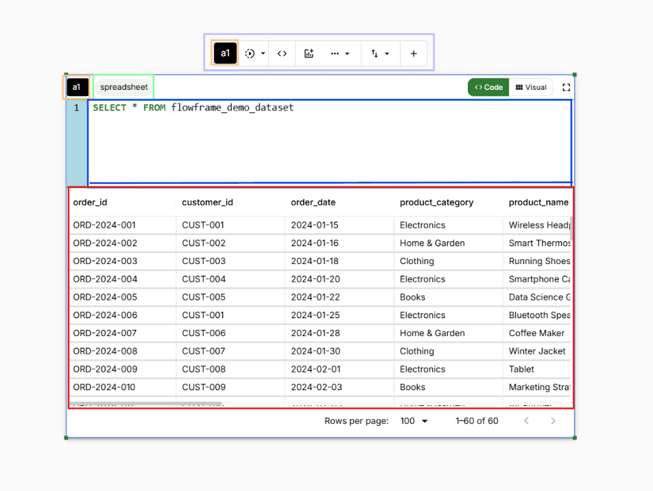 A query frame on the FlowFrame canvas