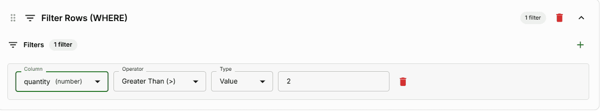 Filter Rows (WHERE) step in the FlowFrame query builder