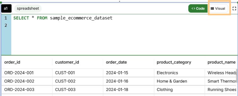 The Visual Query Builder (No-Code) interface in FlowFrame