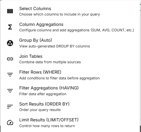 All query builder components in FlowFrame's no-code builder