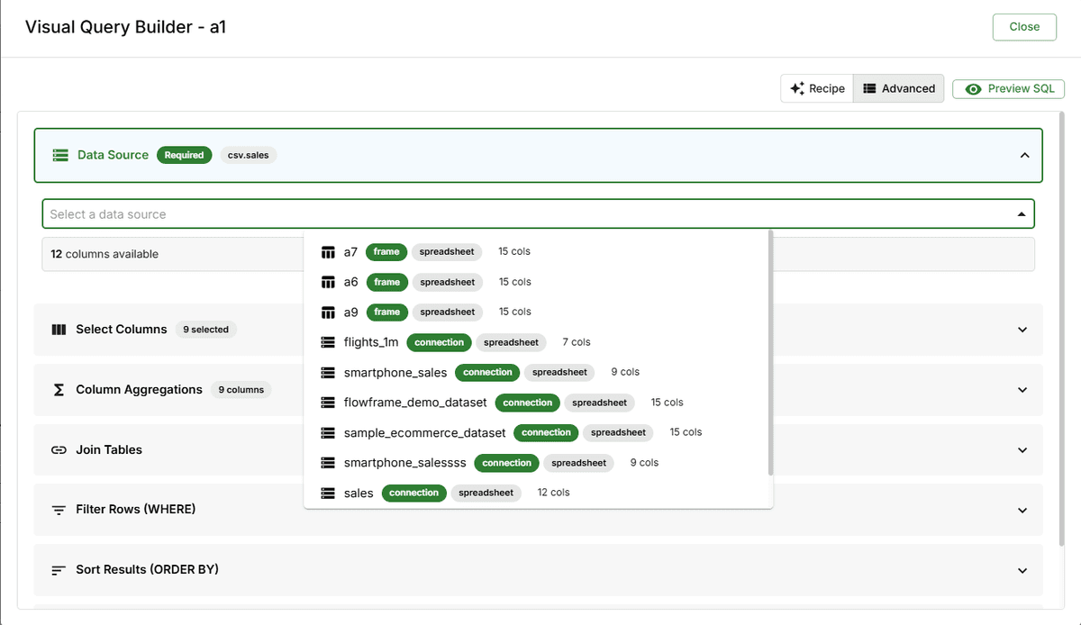 Select Data Source step in the FlowFrame query builder